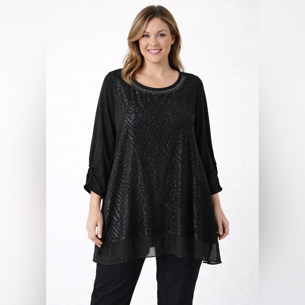 Style & Co. Womens Black Animal Print Embossed Lined Tunic Top Size XL